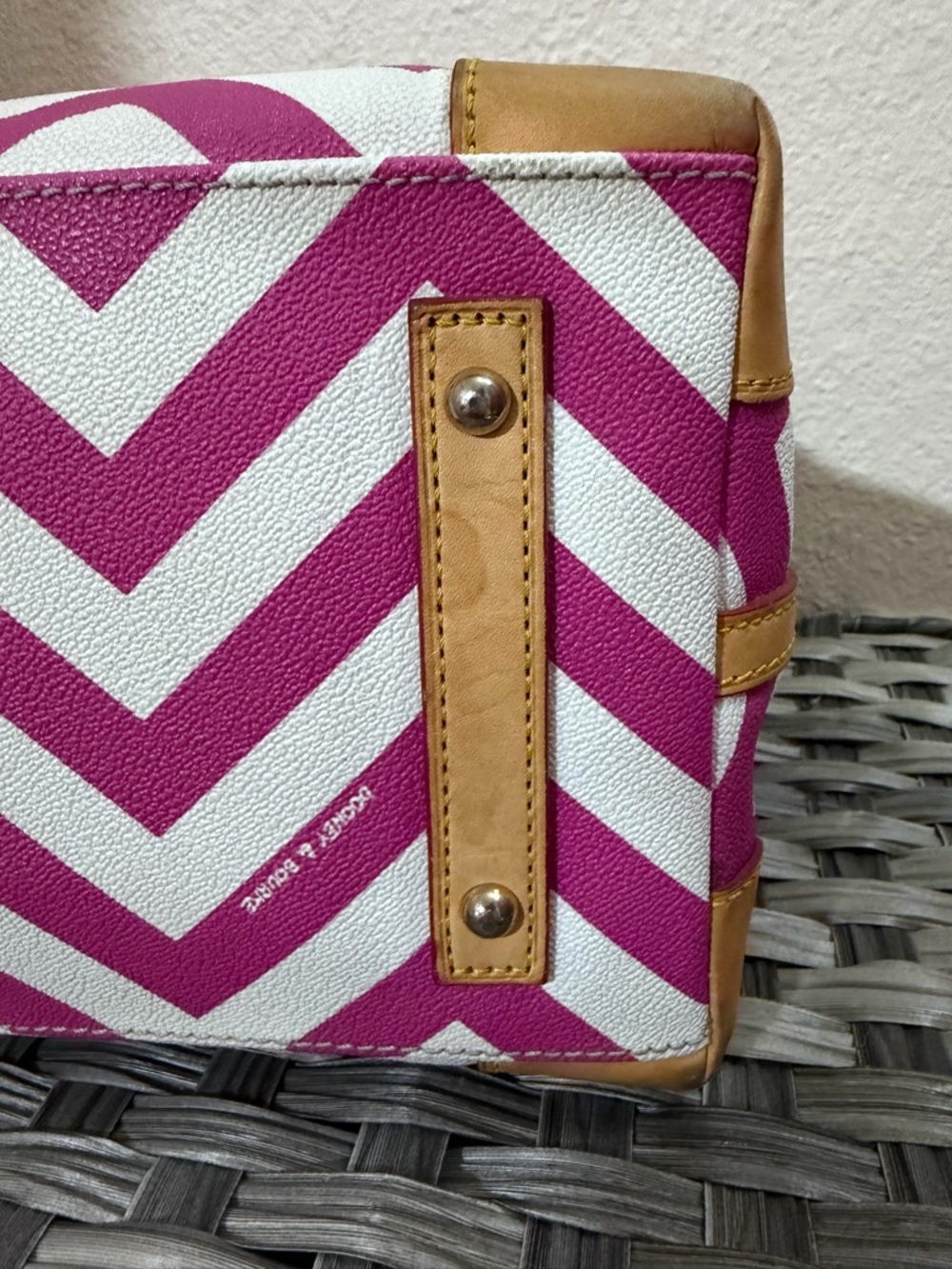 Dooney & Bourke Pink & White Geena Chevron Top Handle Satchel - Tan Leather Trim - Picture 12 of 16